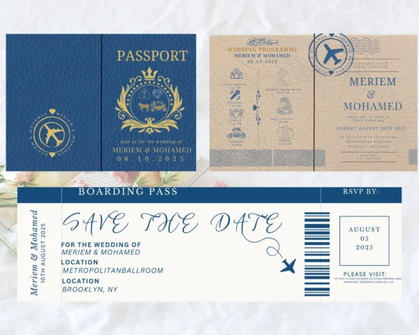 Passport Wedding Invitation with Boarding Pass RSVP – Editable Travel-Themed Template