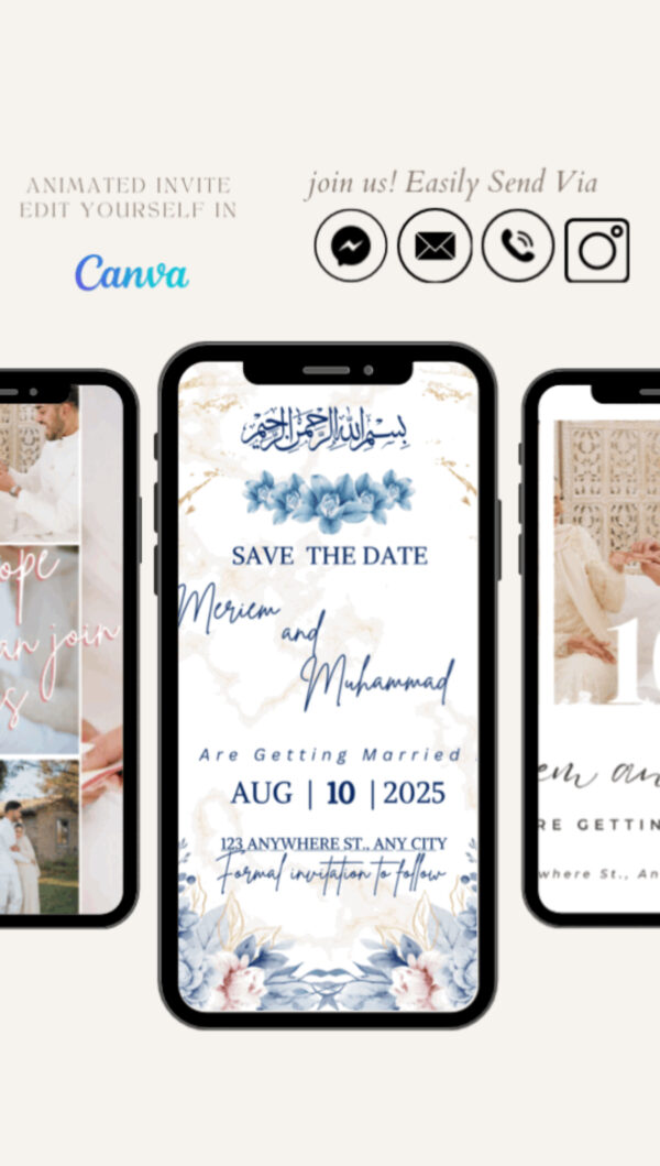 Elegant Animated Nikah Save the Date Video Template – Blue & Gold Islamic Wedding Design (1080 × 1920)