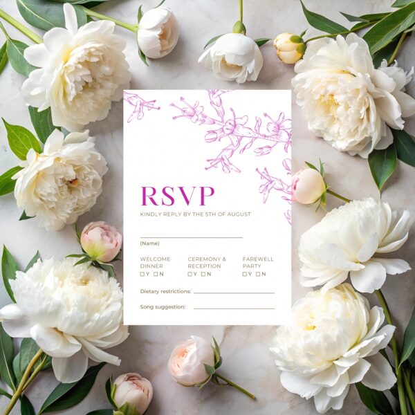 Pink Floral Wedding RSVP Card – Elegant Minimalist 5x7 Template