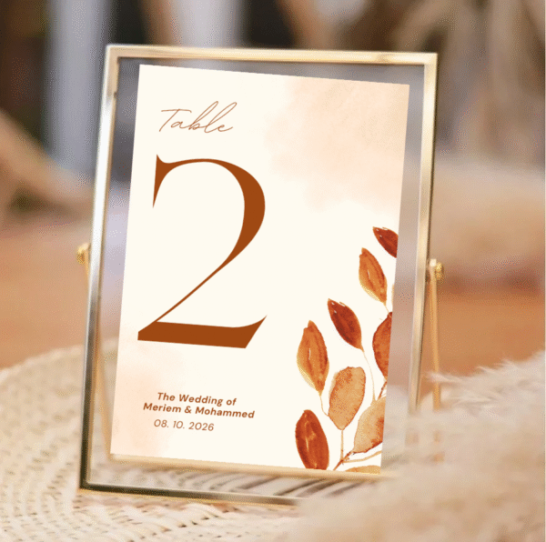 Brown Watercolor Autumn Leaves Wedding Table Number Card – 5x7 Fall Wedding Decor