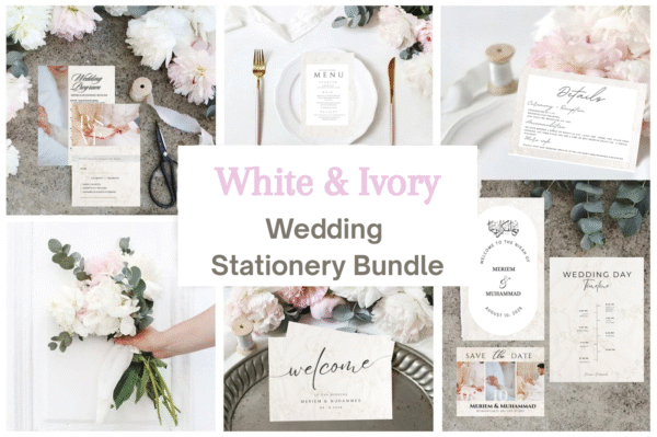 White & Ivory Elegant Digital Wedding Stationery Bundle – 20+ Editable Invitations, Seating Charts, Menus & More